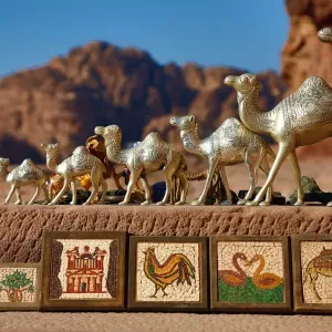 Camel souvenirs on sale at the Urn Tomb of the Royal Tombs in the rock city of Petra