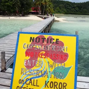 Carp Island Resort sign, Carp Island, Republic of Palau, Micronesia, Pacific Ocean