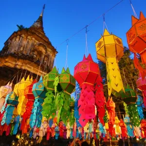Chedi and colourful lanterns at Wat Lok Molee Temple in Chiang Mai, Thailand