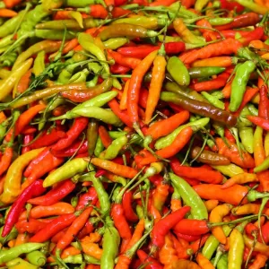 Chillis in the street market in Luang Prabang, Laos