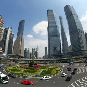 City skyline of skyscrapers in Lujiazui in Pudong, Shanghai, China