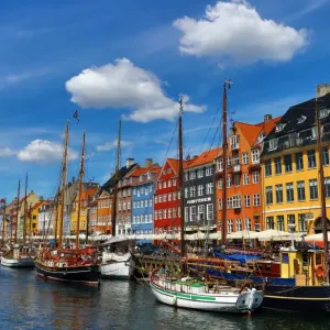 Coloured houses and boats at Nyhavn Quay in Copenhagen, Denmark