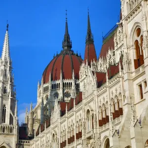 Dome and spires of the Hungarian Parliament Building, the Orszaghaz, in Budapest, Hungary