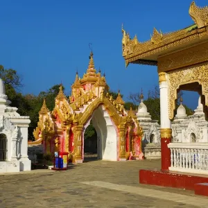 Gate and temple at Kuthodaw Pagoda, Mandalay, Myanmar (Burma)