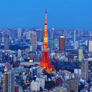 General city skyline night view with the Tokyo Tower in Tokyo, Japan