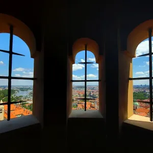 General city skyline view of Prague and the Vtlava River, Czech Republic