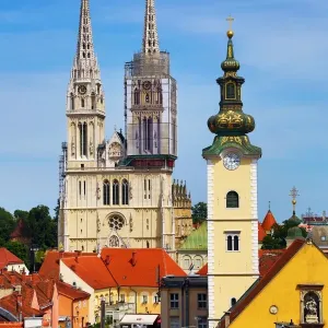 General city skyline view of Zagreb Cathedral with tower renovation and the tower of St
