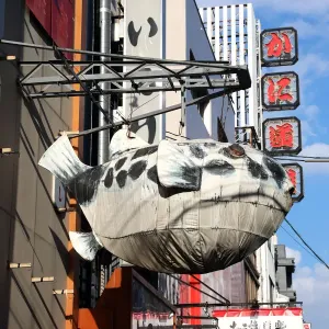 Giant puffer fish advertising sign in Dotonbori, Osaka, Japan