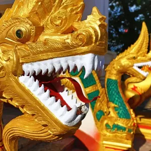 Gold Naga statue with teeth near Wat That Luang Temple, Vientiane, Laos Gold Naga statue with teeth near Wat That Luang Temple, Vientiane, Laos