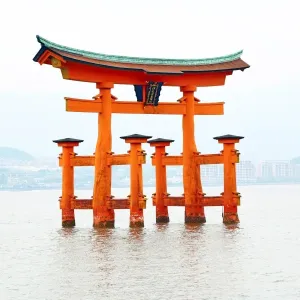 The great red Torii Gate at Itsukushima Shinto Shrine on Miyajima Island, Hiroshima, Japan