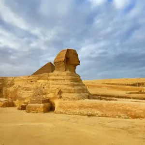 The Great Sphinx statue and the Pyramid of Khafre on the Giza Plateau, Cairo, Egypt