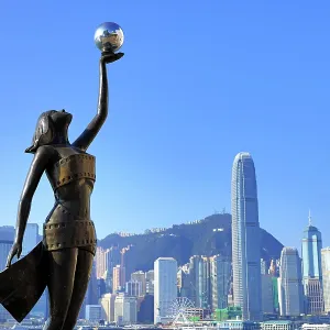 The Hong Kong Film Awards Statue, of a Goddess holding a Pearl, in front of Victoria Harbour, Hong Kong, China The Hong Kong Film Awards Statue, of a Goddess holding a Pearl, in front of Victoria Harbour, Hong Kong, China