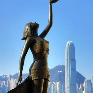 The Hong Kong Film Awards Statue, of a Goddess holding a Pearl, in front of Victoria Harbour, Hong Kong, China The Hong Kong Film Awards Statue, of a Goddess holding a Pearl, in front of Victoria Harbour, Hong Kong, China