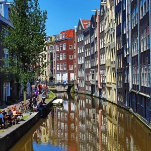 Houses on the Oudezijds Achterburgwal canal in Amsterdam, Holland