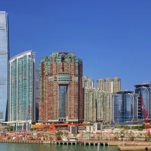The ICC and buildings above Kowloon Station including The Arch, The Waterfront, Sorrento and Elements shopping centre in Hong Kong, China The ICC and buildings above Kowloon Station including The Arch, The Waterfront, Sorrento and Elements shopping centre in Hong Kong, China