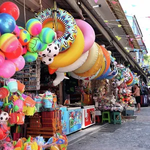 Inflatable rings, balls and beach toys at a shop on Koh Samet island, Thailand