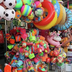 Inflatable rings, balls and beach toys at a shop on Koh Samet island, Thailand
