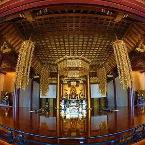 Interioir of the Daiden (Hondo) the main hall of Zojoji Temple and the Tokyo Tower in Tokyo