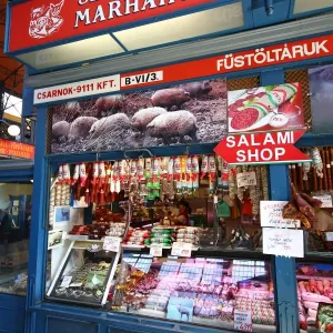 Meat stall in the Central Market Hall in Budapest, Hungary