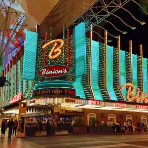 Neon lights of casinos in Fremont Street at night, Las Vegas, Nevada, America