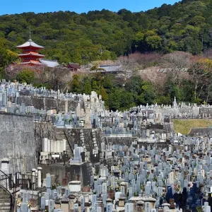 Nishi Otani cemetery and pagoda from Kiyomizu-dera Temple in Kyoto, Japan