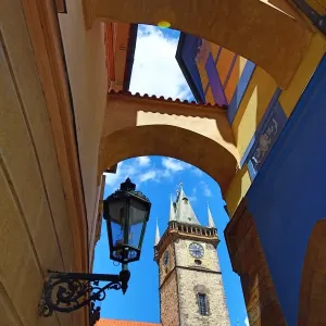 Old Town Hall clock tower in Old Town Square in Prague, Czech Republic