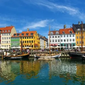 Panoramic of coloured houses, Nyhavn Quay in Copenhagen, Denmark