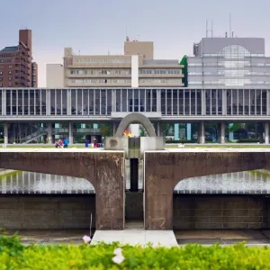 The Peace Memorial Museum and the Peace Flame in the Hiroshima Peace Memorial Park, Hiroshima, Japan