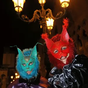 People wearing cat masks and costumes at the Venice Carnival
