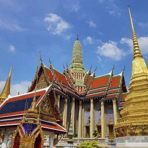 Phra Suwannachedi gold chedi and Phra Mondop at Wat Phra Kaew Temple (Temple of the Emerald Buddha), Bangkok, Thailand