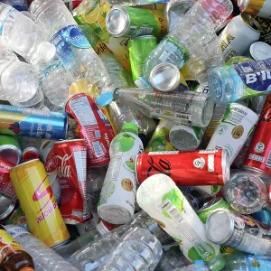 Empty plastic bottles in recycling container on Koh Samet island, Thailand