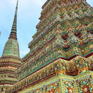 Porcelain covered chedis, known as Phra Maha Chedi Si Rajakarn, at Wat Pho Temple, Bangkok, Thailand