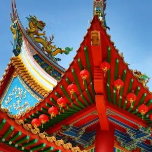 Red lanterns and dragon roof decorations on the Thean Hou Chinese Temple, Kuala Lumpur, Malaysia