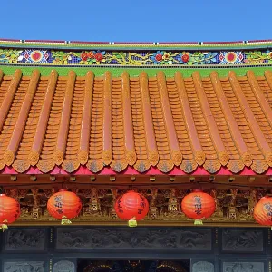Red lanterns and roof decorations on the Shengming Taoist Temple in Jiufen, Taiwan ROC