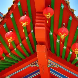 Red lanterns and roof decorations on the Thean Hou Chinese Temple, Kuala Lumpur, Malaysia