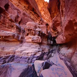 Red rock formations of Khazali Canyon in the desert at Wadi Rum, Jordan