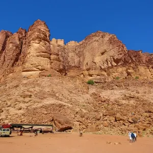 Rock formations of Lawrences Spring in the desert at Wadi Rum, Jordan
