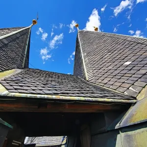 Roof tiles of the Old Town Bridge Tower in Prague, Czech Republic