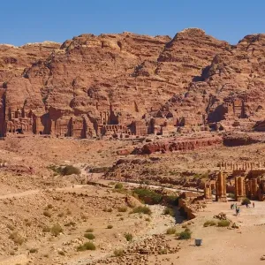 The Royal Tombs and central valley in the rock city of Petra, Jordan
