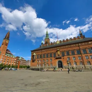 Scandic Hotel building and clock tower and the Radhus or Town Hall in Radhuspadsen
