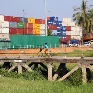 Shipping containters at the Botahtaung Jetty and docks, Yangon, Myanmar