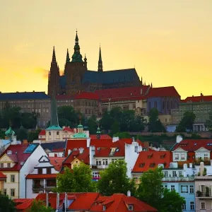 Silhouette of Prague Castle and St Vitus Cathedral at sunset in Prague, Czech Republic