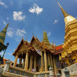 Spires and golden chedi, Wat Phra Kaew, Temple of the Emerald Buddha Complex, Bangkok, Thailand
