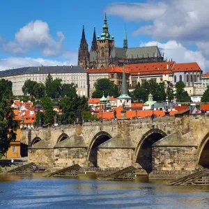 St. Vitus Cathedral and Prague Castle with the Charles Bridge over the Vltava River in Prague