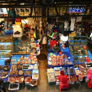 Stalls at Noryangjin Fish and Seafood Market in Seoul, Korea