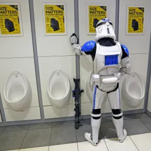 A Star Wars Stormtrooper takes a loo break at MCM London Comic Con at Excel London