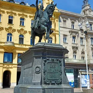 Statue of Ban Jelacic riding a horse in Ban Jelacic Square in Zagreb, Croatia