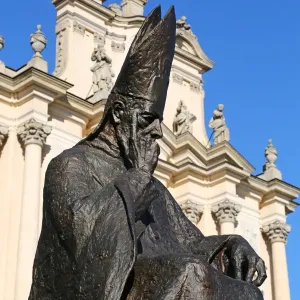 Statue of Cardinal Stefan Wyszynski in front of the Church of the Nuns of the Visitation in Warsaw, Poland