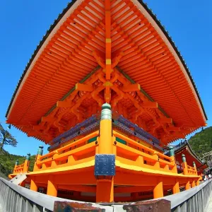 Three storey orange pagoda at Kiyomizu-dera Temple in Kyoto, Japan