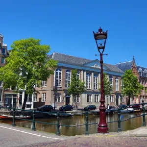 Street scene with lamppost and canal in Amsterdam, Holland